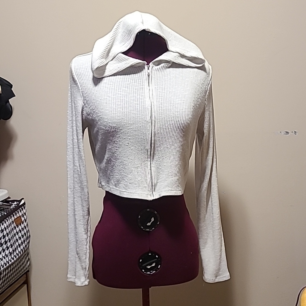 White Long Sleeve Cropped Zipper Hoodie